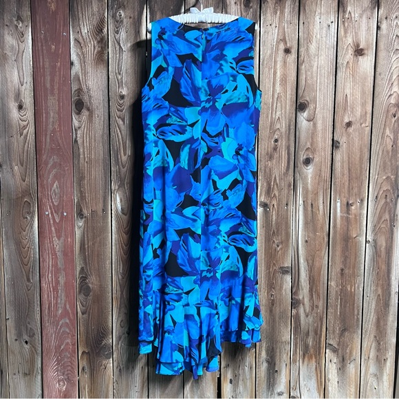 Chico’s 100% Silk Elegant Watercolor Blue Teal Floral Ruffle Maxi Dress Sz Large - Picture 9 of 11